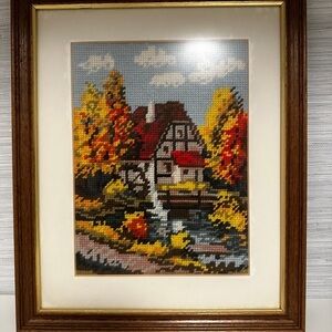 Vintage Cottage core Needlepoint Framed Art – Autumn Country Cottage Sce…